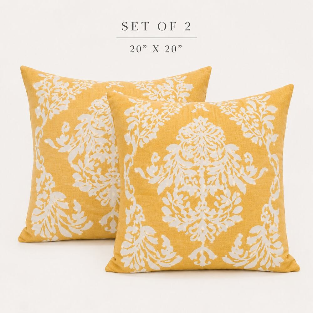 Set of 2 Yellow White Damask Pillow Covers 20x20 Decorative Accent